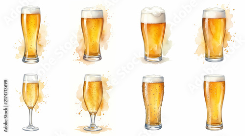 Selection of refreshing golden ale beverages served in various drinking vessels to enjoy during summer festivities or social gatherings showing amber liquid bubbles and thick foam head for
