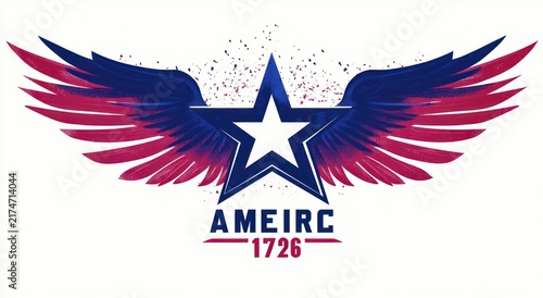 Bold blue and magenta winged star emblem with paint splatter and stylized text AMEIRC 1726, energetic patriotic graphic design