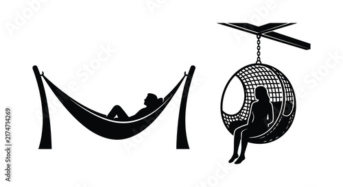 Принти на полотні Black silhouettes of a hammock and hanging chair depict relaxation and leisure