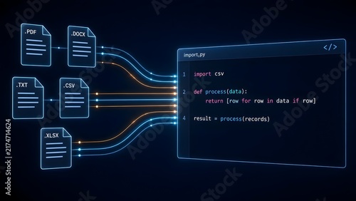 Fototapeta Automated data engineering workflow showing multiple file types importing into a python programming script interface