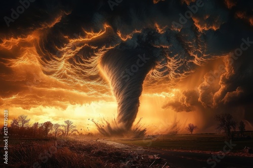 massive tornado ripping through flat plains beneath swirling dark storm clouds and a fiery orange sky, uprooting trees and hurling debris in a menacing, apocalyptic scene
