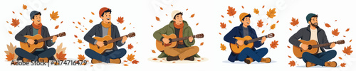 vector flat of a man sitting on floor playing guitar autumn fall leaves atmosphere