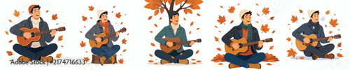 vector flat of a man sitting on floor playing guitar autumn fall leaves atmosphere