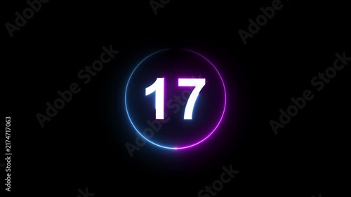 A dynamic circular animation, and glowing count neon number 17 animation . on a black background. and creating a stunning 4k video.