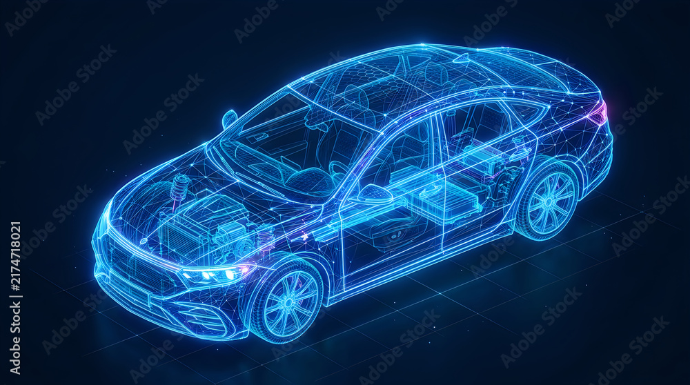 Naklejka premium Abstract digital wireframe of a modern electric car representing automotive technology and future transportation design concepts
