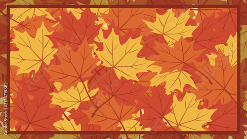 Autumn Maple Leaf Pattern Background Frame. Vibrant red, orange, and yellow maple leaves fill a decorative framed backdrop celebrating warm seasonal foliage and thanksgiving aesthetic.