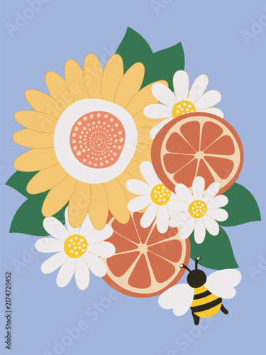Flat Minimal Summer Garden Cluster, Hand Drawn Sunflower Lemon Daisy Illustration, Seasonal Botanical Clipart, Digital Download Art