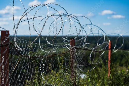 Принти на полотні Barbed wire fencing atop a rustic fence with a lush landscape in the background