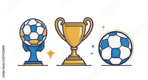Celebratory sports illustration: gold trophy cup between a soccer ball trophy on a blue pedestal and a sparkling soccer ball, conveying victory and achievement