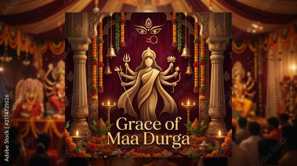 Fototapeta premium Grace of maa durga spiritual hindu festival celebration with festive decorations and traditional elements on a red background.