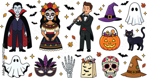 Halloween and Dia de los Muertos Costume Party Vector Set with Vampire Catrina Ghost Pumpkin Basket Witch Hat and Holiday Celebration Elements