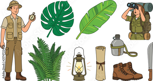 Jungle Safari and Tropical Exploration Vector Set with Explorer Characters Expedition Gear Monstera Leaf Backpack and Camping Equipment
