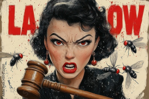 Woman holding a wooden gavel with red-eyed flies swarming around her, grim and unsettling mood