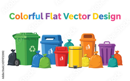 Colorful recycling bins and trash bags form a flat vector design