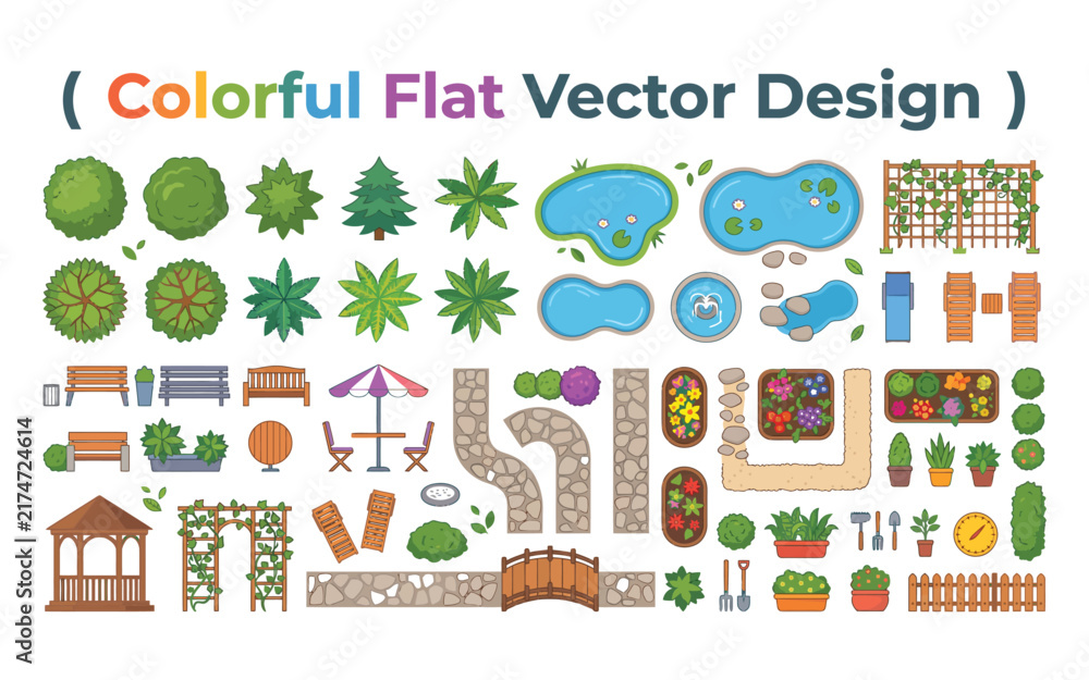 Naklejka premium Colorful flat vector design featuring garden elements and landscaping features