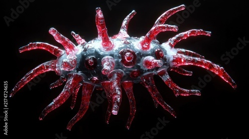 glossy translucent red tentacled glass organism with dark spiky central core and reflective nodules hovering eerily against a deep black background