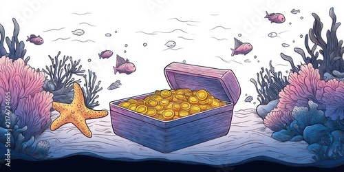 open treasure chest overflowing with gold coins on a sandy seabed surrounded by colorful coral, starfish and small fish, a calm scene of discovery and wonder