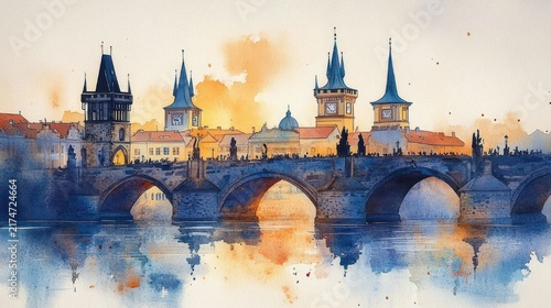 historic stone arch bridge with towers and spires, silhouetted pedestrians and warm golden sunrise glow over calm reflective river in tranquil watercolor scene