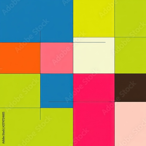 bright geometric grid of colorful rectangles and squares separated by thin black lines, featuring bold lime blue pink yellow orange and brown tones, playful energetic mood