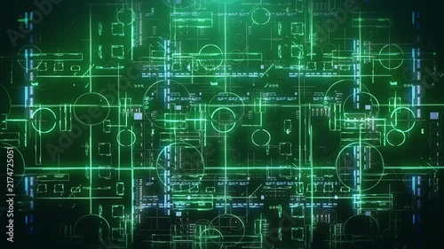 Motion Graphic of  Data Matrix Simulation with Futuristic HUD Screen on AI Background. Hi-Tech Digital Dot Line Particle Grid for Future Sci-Fi Video Material and Technology Data Visualization.