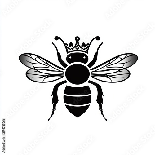 crowned bee silhouette with detailed wings, antennae, stripes and legs conveying regal authority and elegant poise