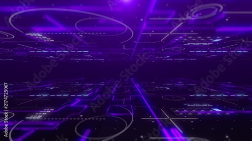 Digital Grid Floor Moving Forward in Infinite Cyberspace with Glowing Particles. High Tech Visualization of Data Streaming, Futuristic Networking, and Cyber Security.