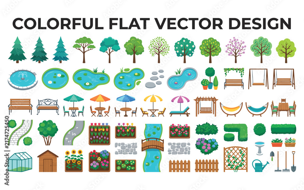 Fototapeta premium Collection of colorful flat vector illustrations depicting garden and park elements