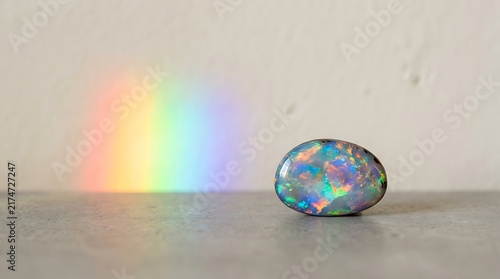 Polished oval opal gemstone beside a vertical rainbow light refraction