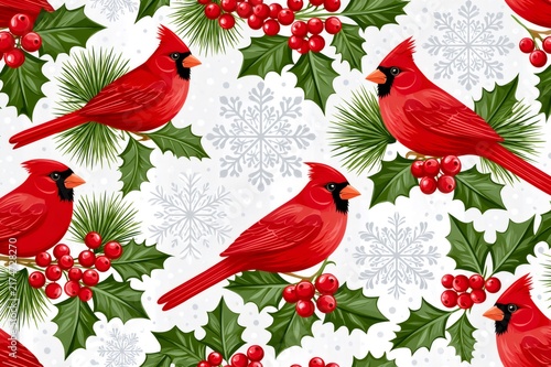 Red cardinals on holly and pine branches with snowflakes