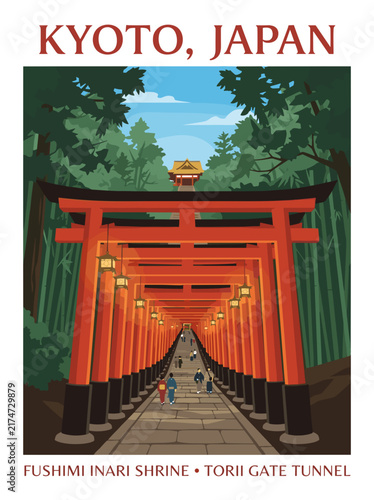 Kyoto Japan Travel Poster Illustration With Fushimi Inari Torii Gates