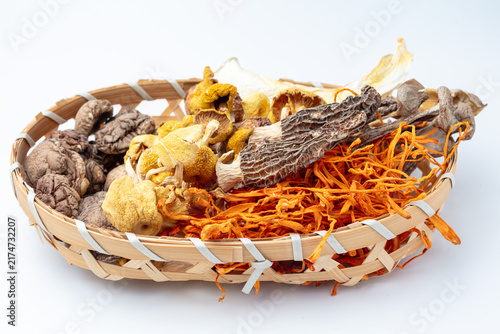 Assorted Dried Mushrooms and Cordyceps in Basket
