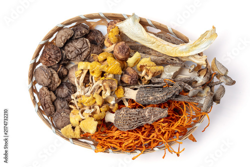 Assorted Dried Mushrooms and Cordyceps in Wicker Basket