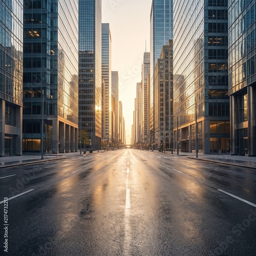 Wet city street lined with modern glass skyscrapers reflecting golden sunset light