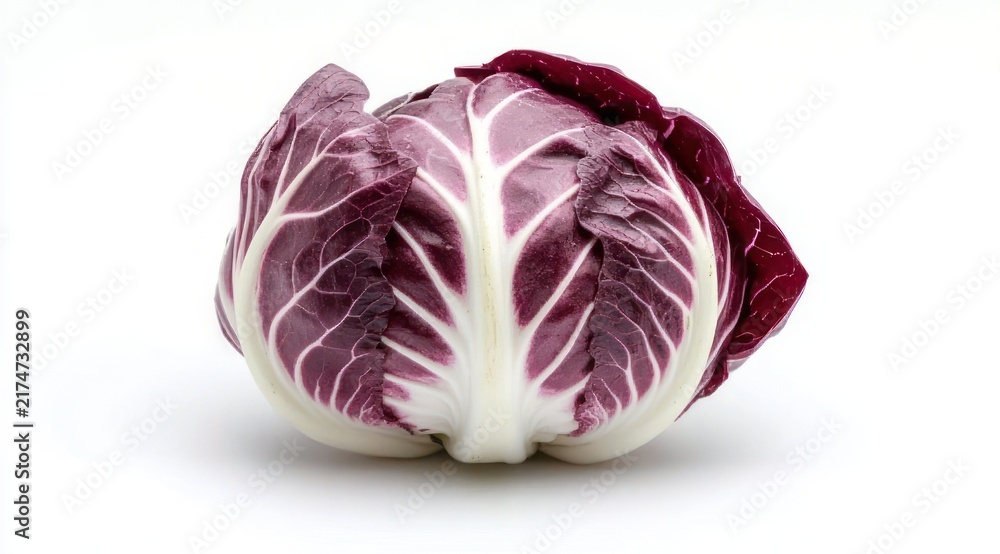 Fototapeta premium single purple and white radicchio head with crisp veined leaves on a clean white background, fresh and vibrant still life