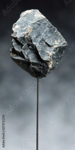 rugged dark gray rock specimen mounted on thin metal rod against soft gray gradient background, austere and solitary display