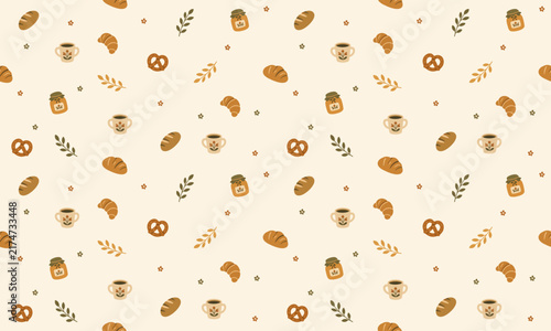 Cozy Bakery Breakfast Motifs with Coffee, Pastry and Wheat on Cream Background