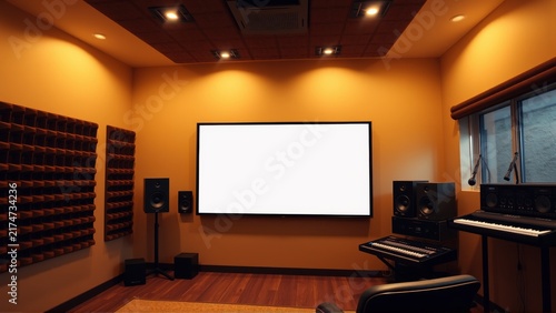 Warm studio interior. Equipment dominates space. Lighting creates dramatic effect. Focus on sound production, recording setup visible.