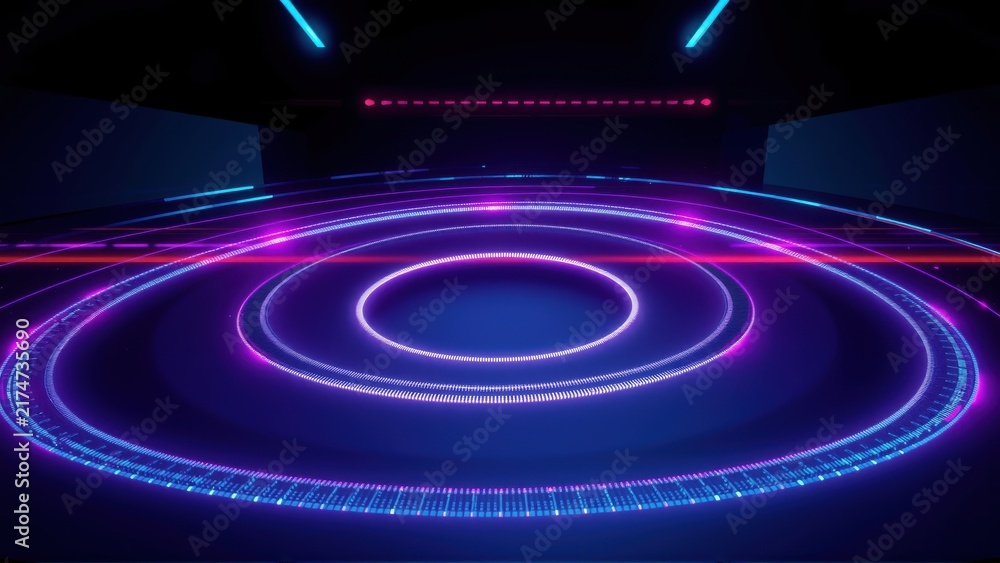 Fototapeta premium Dark room features concentric neon circles. Glowing lines create futuristic stage, vibrant purple hues dominate scene. Minimalist design.