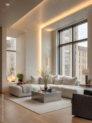Modern minimalist sofa and silver metal coffee table in gray living room interior, wall led light strip, fabric lounge seating, neutral palette, clean lines and contemporary design with natural lighti