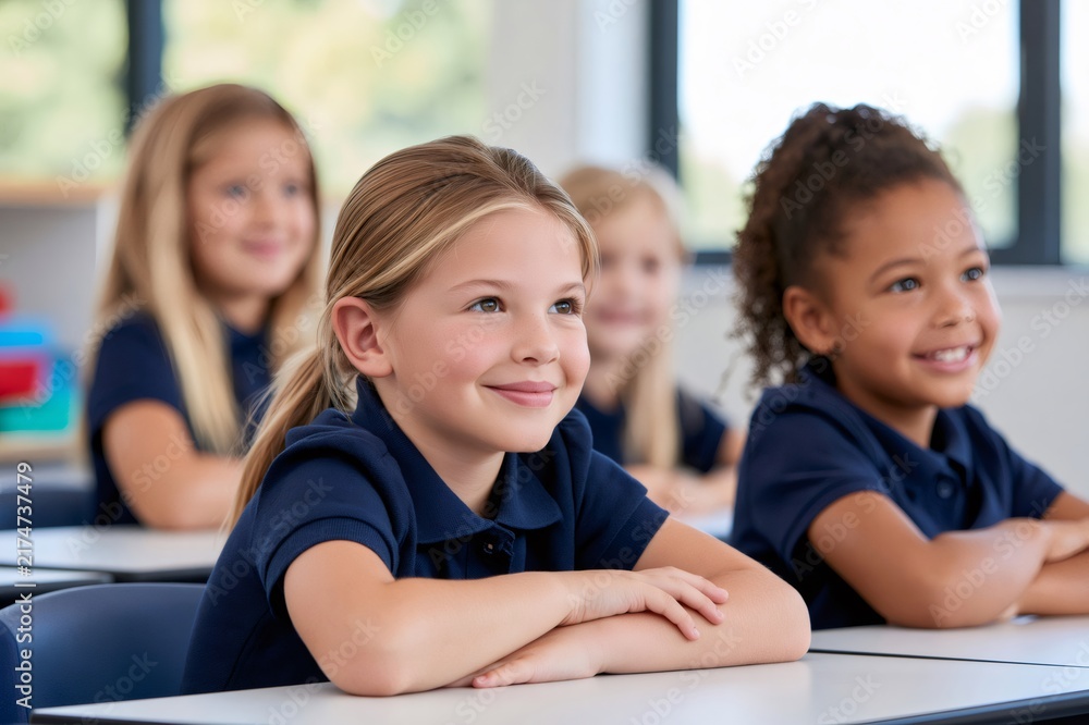 Obraz premium Elementary school students learning smiling in classroom