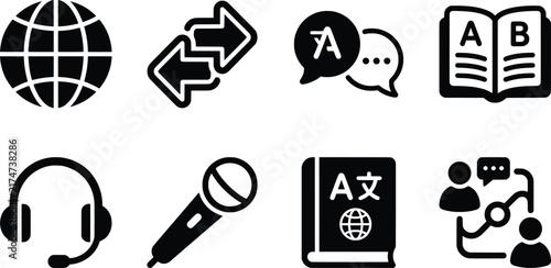 Картината върху платно Language translation icons set, 8 black solid vector symbols for global communic