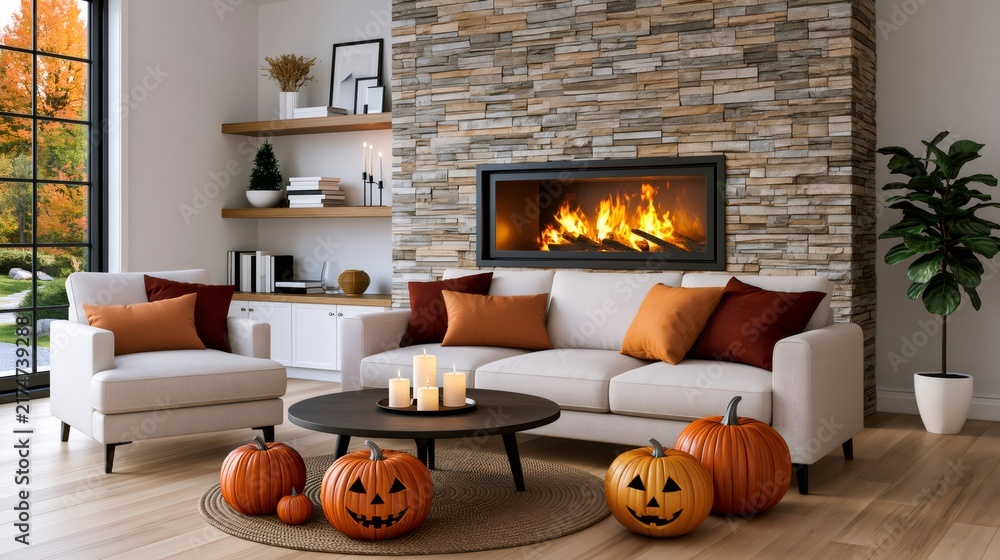 Naklejka premium Cozy autumn living room with fireplace and jack-o'-lanterns