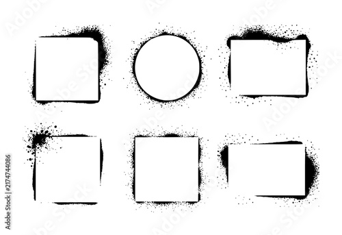 Set of six geometric frames with black spray paint splatter effects isolated on a white background for
