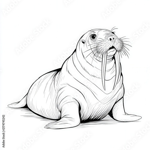 Detailed line art illustration of a walrus with prominent tusks and whiskers