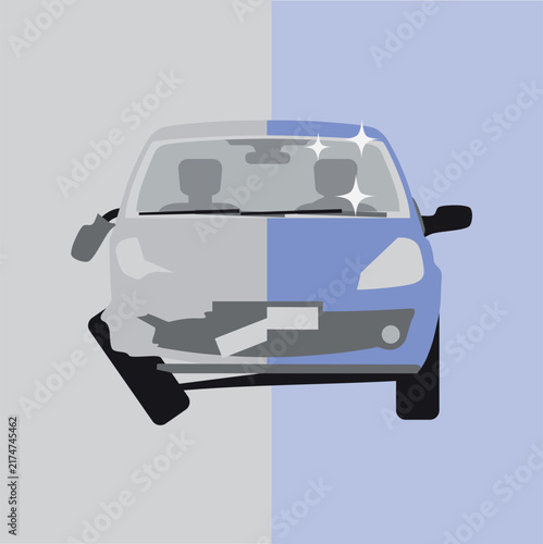 Car Before and After Repair Split Screen Flat Vector Illustration.

