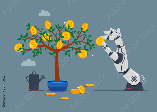 Robotic hand picking cash from money tree. Financial and investment growth. Advanced technology and AI. Flat vector illustration.