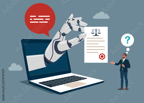 Robotic hand holding document. Advanced technology and AI. Online legal advice. Big laptop, justice and law application. Modern vector illustration in flat style