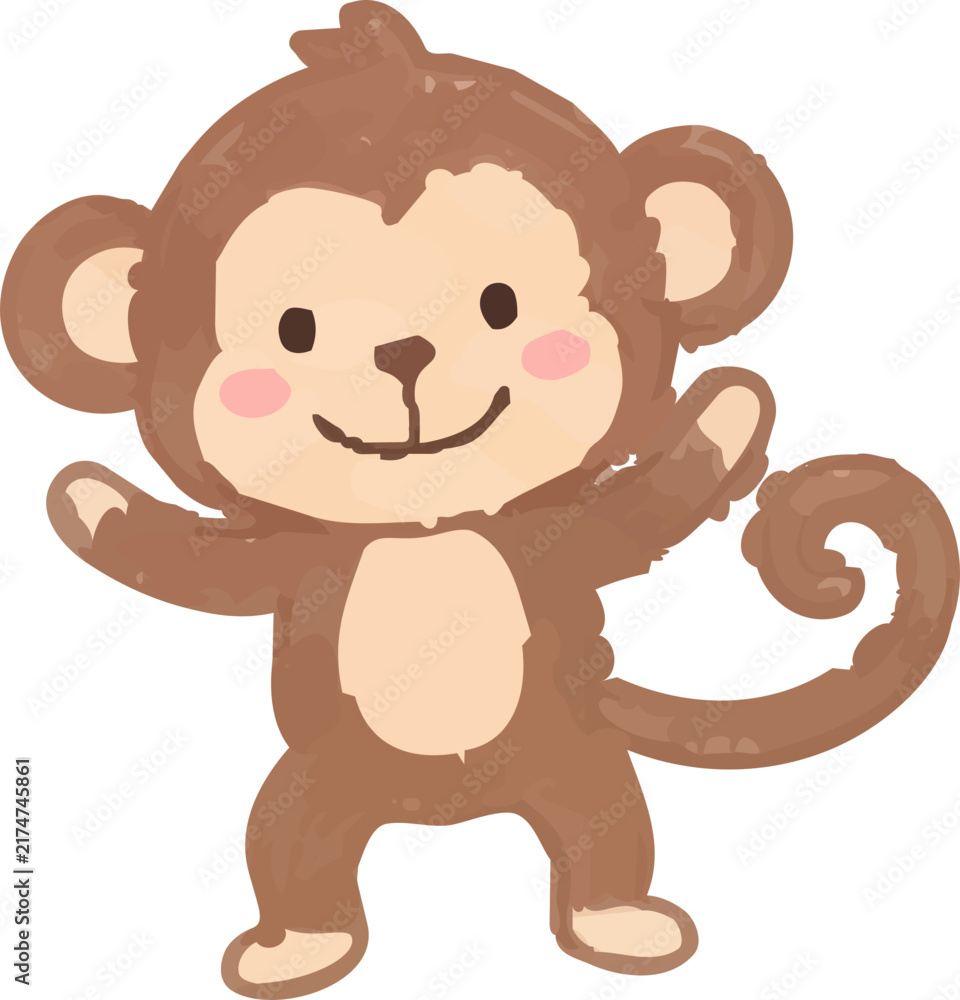 Fototapeta premium Hand drawn crayon monkey character with warm brown watercolor texture and pink cheeks