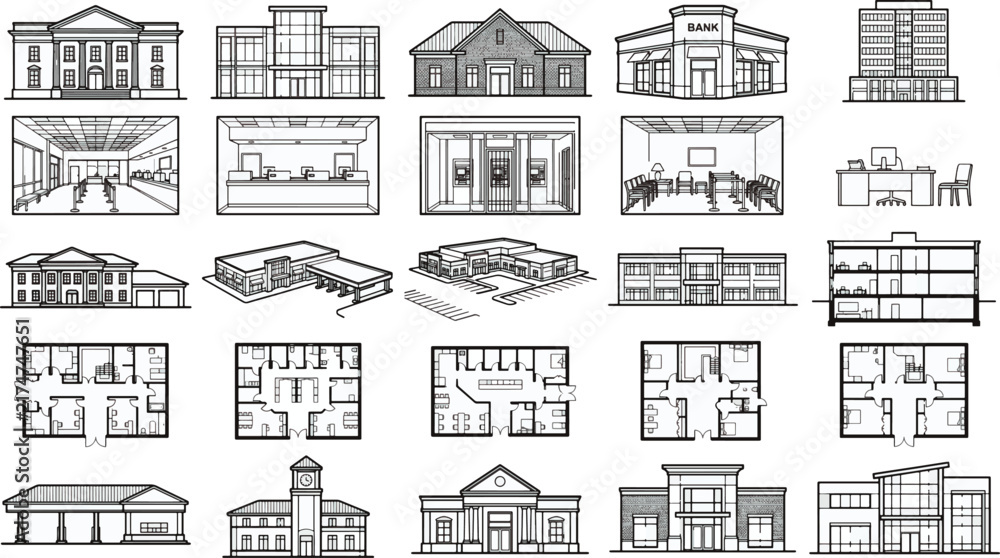 Obraz premium A compilation of architectural drawings showcasing various building types, floor plans, and interior designs, presented in a clean, line-art style.