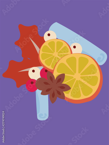 Flat Minimal Christmas Botanical Cluster, Hand Drawn Pinecone Holly Cinnamon Orange Illustration, Holiday Clipart